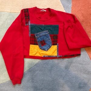 VTG Red Cropped Patchwork Sweatshirt with Denim Pocket